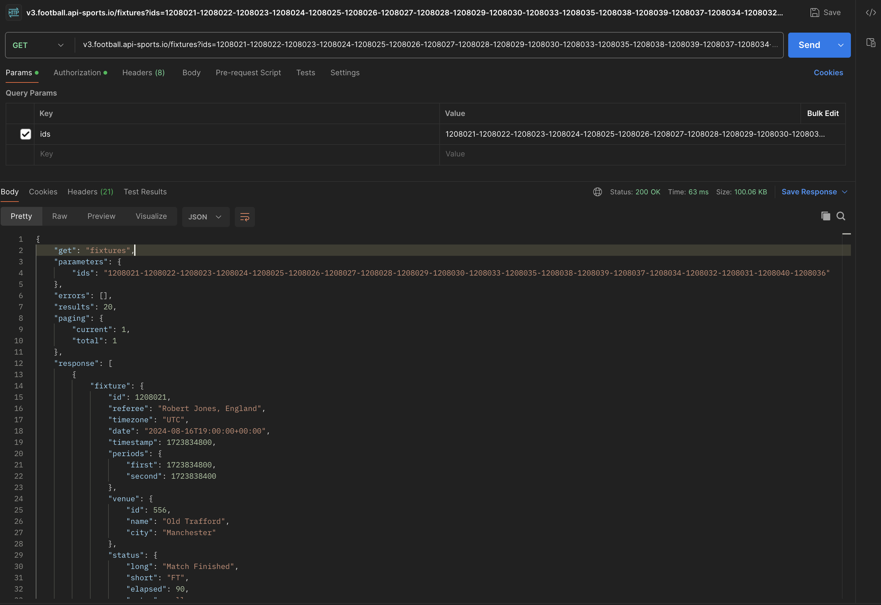 postman exemple request for fixtures data