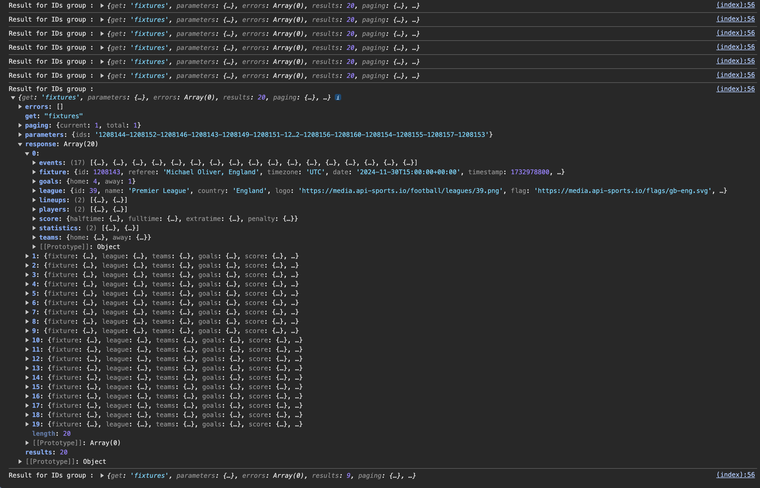 console result for all fixtures data